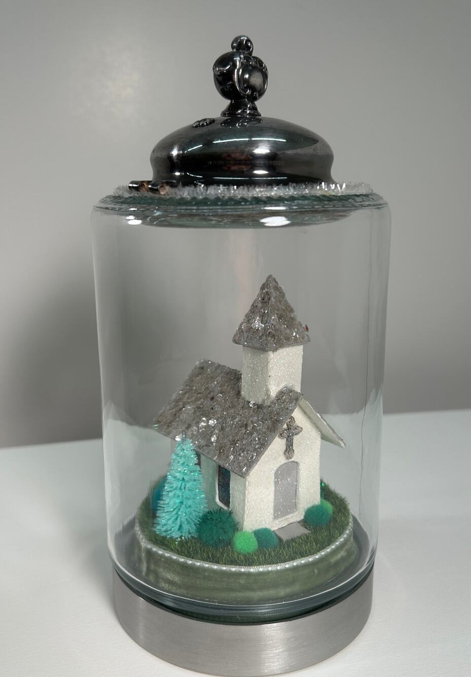 Putz Mini Church, Handmade Christian Keepsake, Glass Cloche Silver Holiday Decor